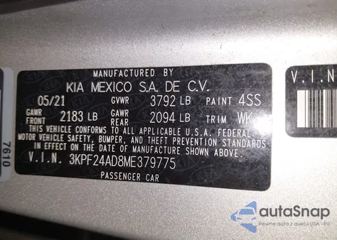 2021 Kia Forte Lxs из США, поврежденный, VIN 3KPF24AD8ME379775